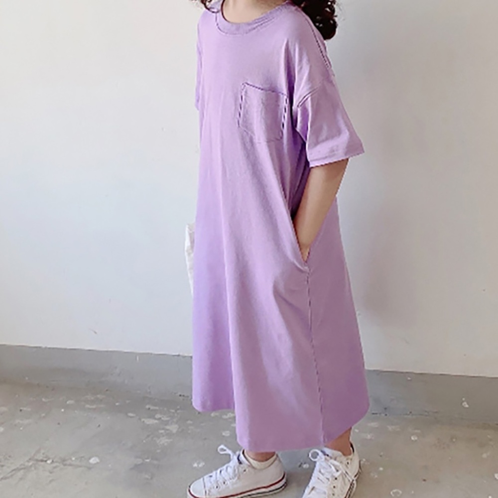 Little Girls Chest Pocket T-shirt Dress Purple